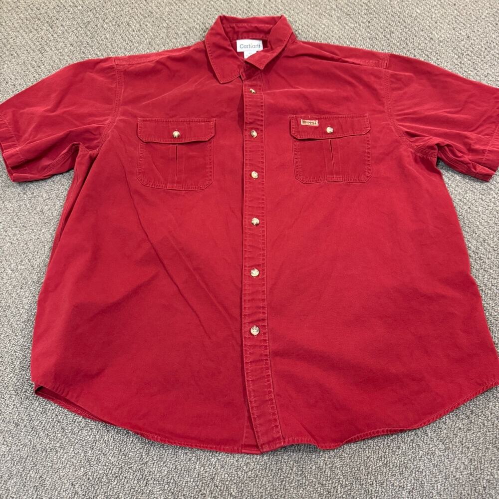Carhartt Mens XL Short Sleeve Button Down Shirt Red Workwear